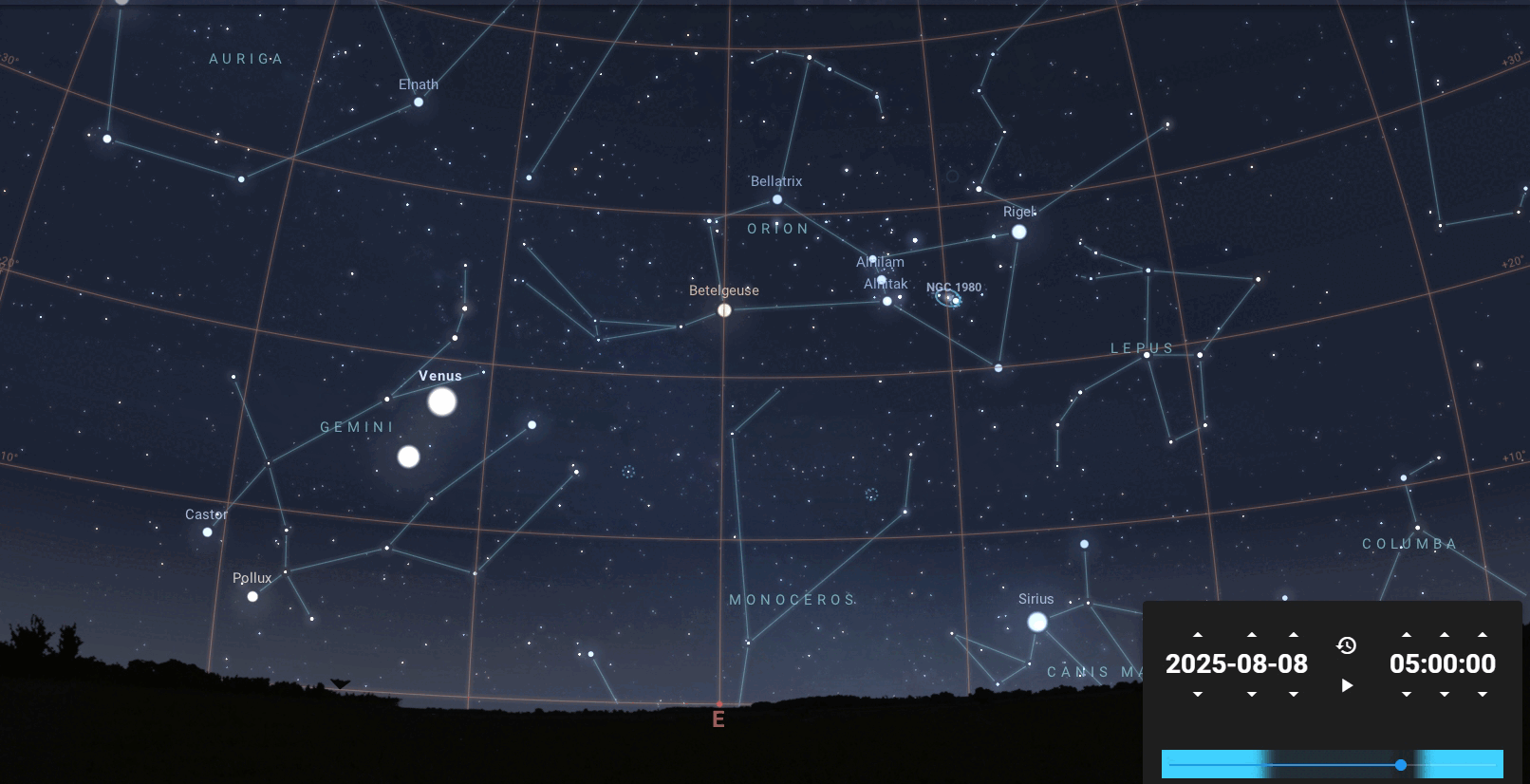 Animación de la posición de Venus y Júpiter en el cielo de Santo Domingo, del 8 al 15 de agosto, a las 5:00 a.m. (STELLARIUM)