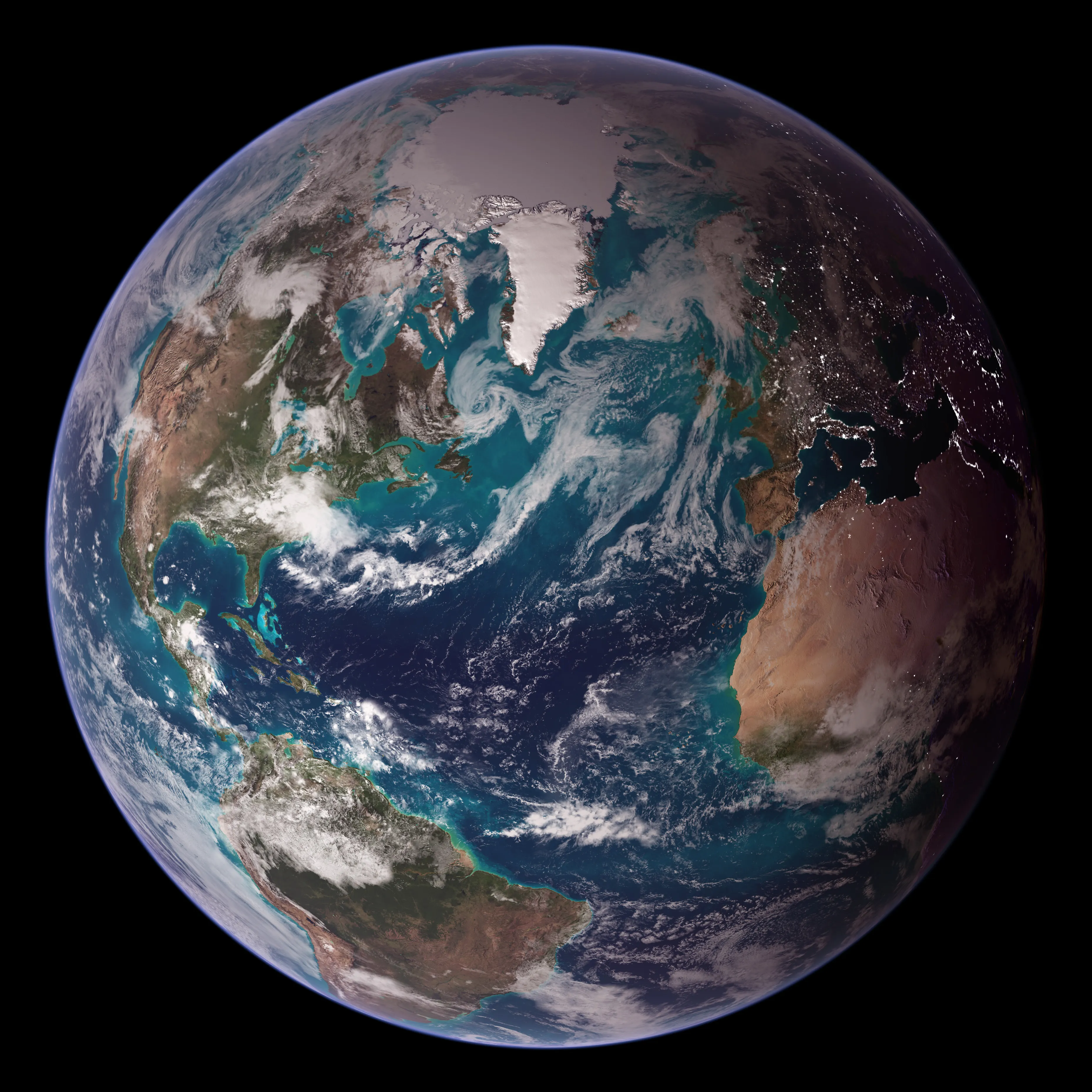 «The Twin Marbles». Imagen de la Tierra publicada en 2007 por la NASA, basada en datos de varias misiones satelitales, donde ciencia y arte se integran gracias al trabajo de sus científicos y artistas gráficos. ( Visible Earth )
