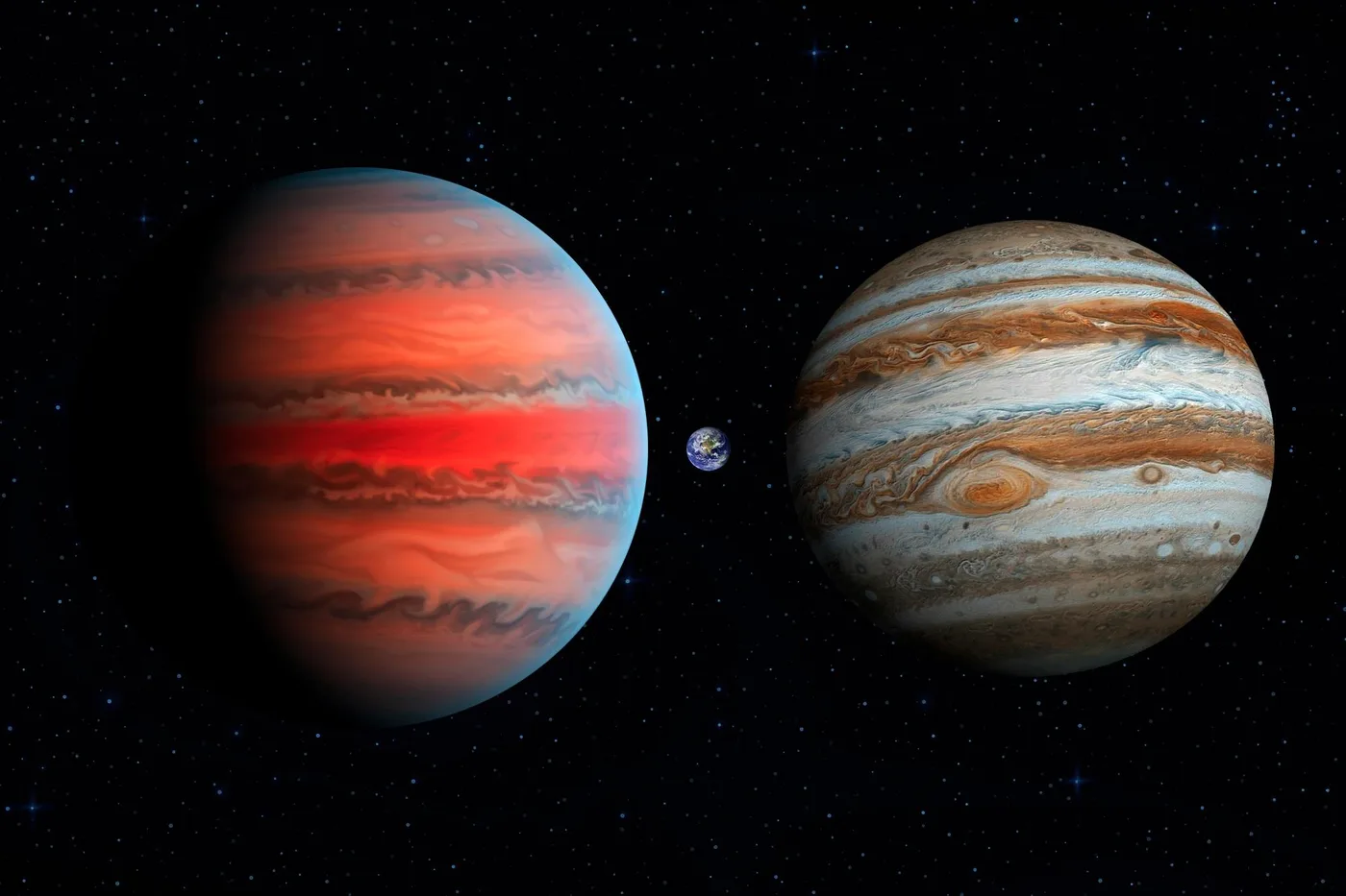 Representación artística del planeta WASP-6 b comparado con la Tierra y Júpiter